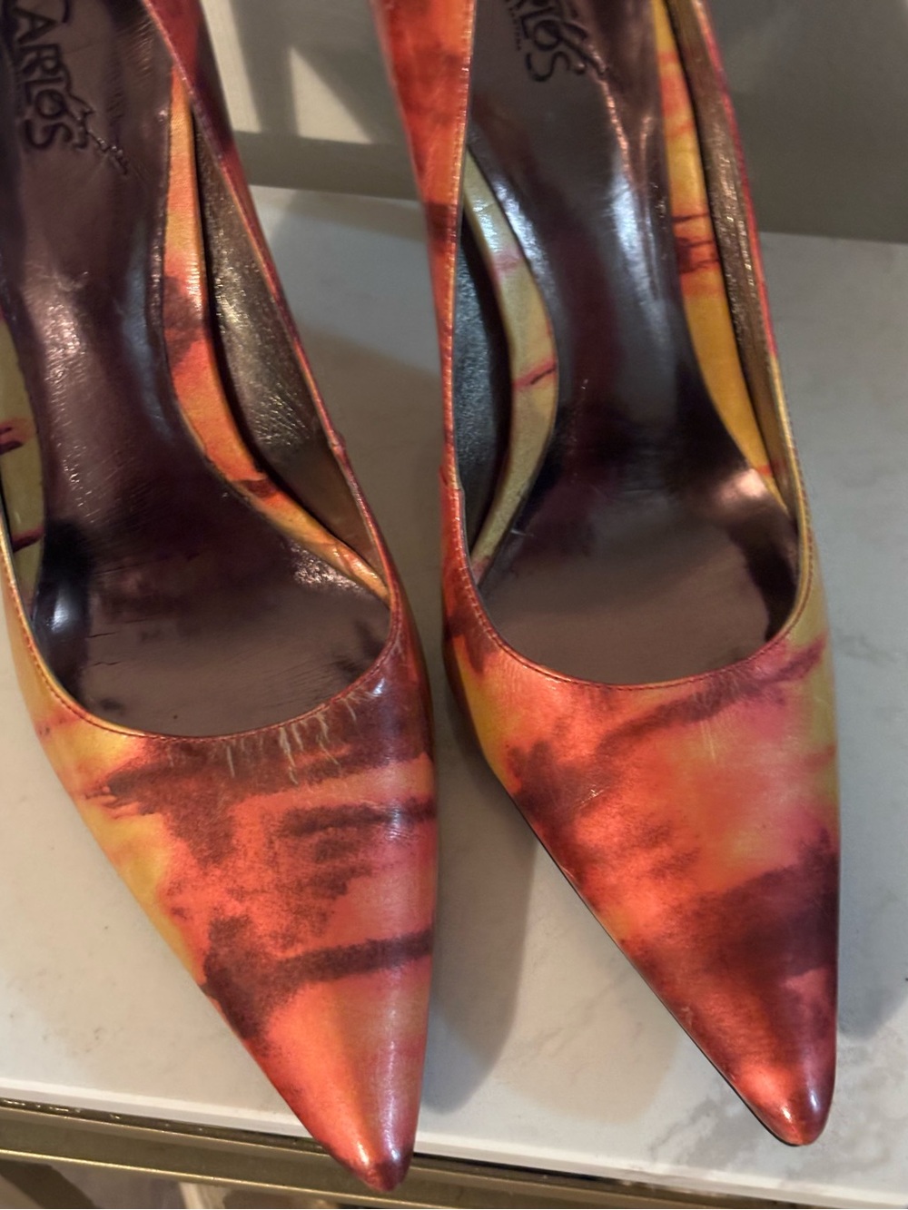 Carlos Santana Orange and Yellow Tie-Dye Pointed-Toe Pumps Worn/Flawed